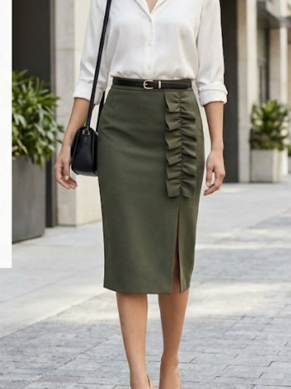 Express Midi Ruffle Side Slit Olive Green Skirt 00